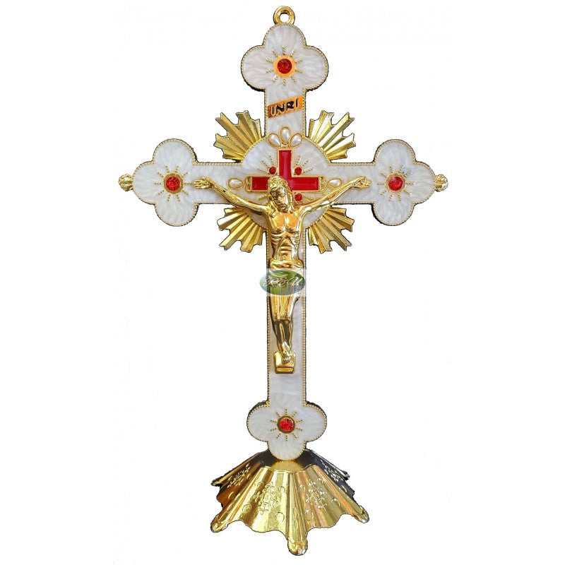 CRUCIFIJO BLANCO Y DORADO CON BASE/WHITE & GOLDEN CRUCIFIX WITH BASE
