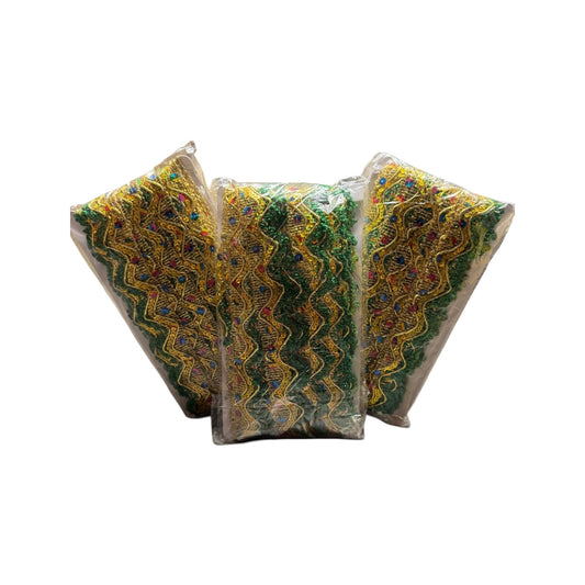 Trim en tonos Green and Gold y plateado, decorado con lentejuelas plateadas y de colores. 3 pcs set
