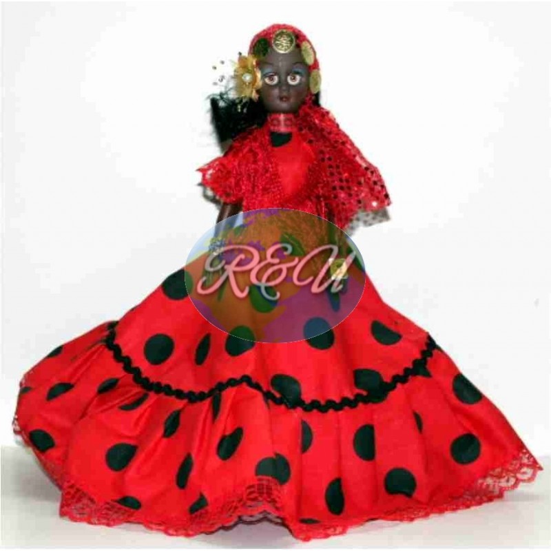 GITANA ROJA CON LUNARES NEGRO/GYPSI DOLL WITH RED DRESS 14"