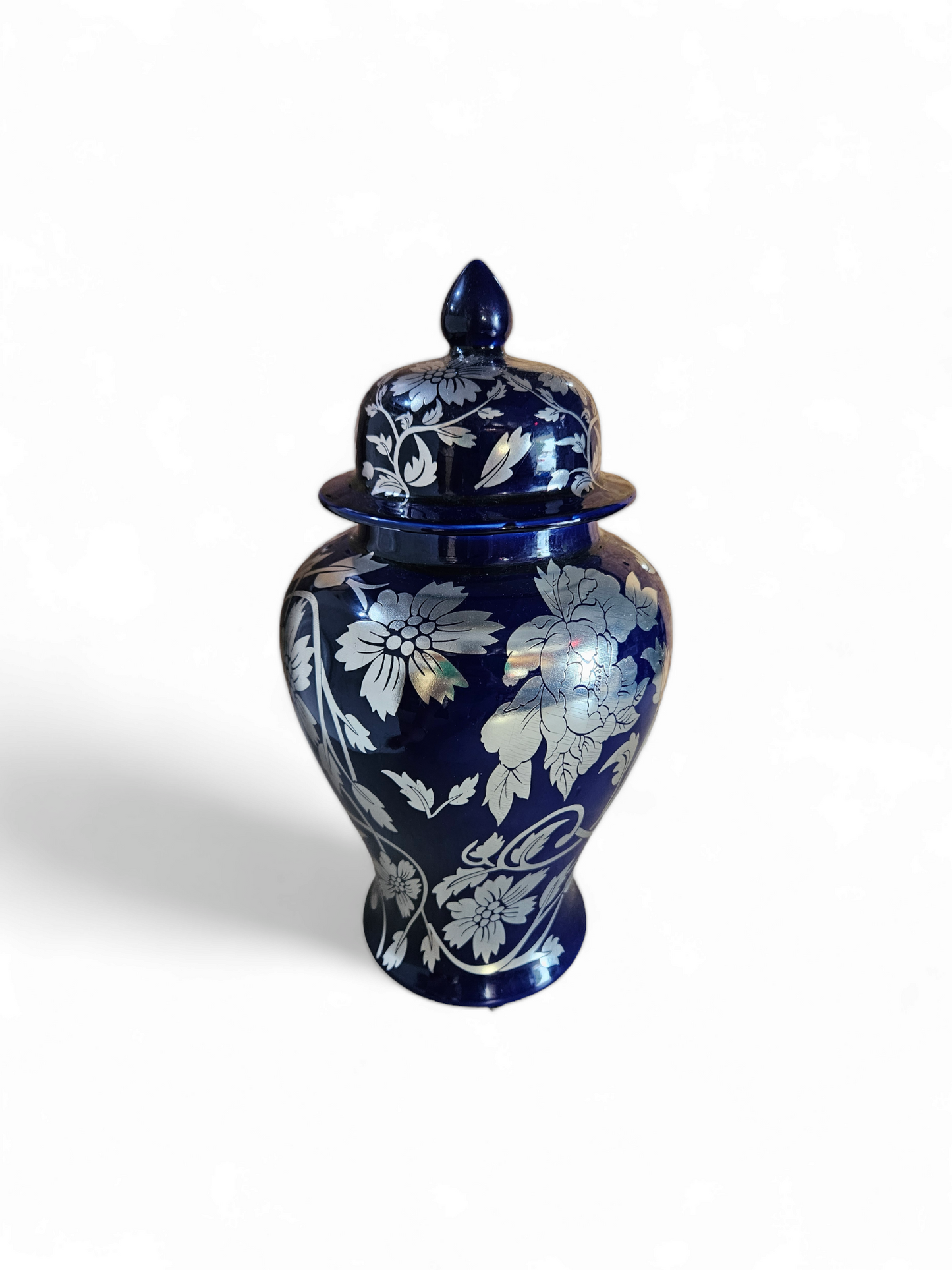 POTICHE DE OLOKUN AZUL CON PLATA 15.5'' RU4327 / OLOKUN TUREEN BLUE WITH SILVER FLOWERS 15.5'' RU4327 1PC