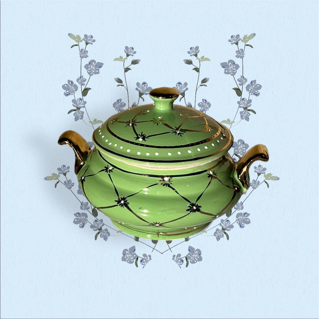 POSUELO PARA IBEJI VERDE CON DORADO / GREEN AND GOLD IBEJI TUREEN SET OF 4 PCS